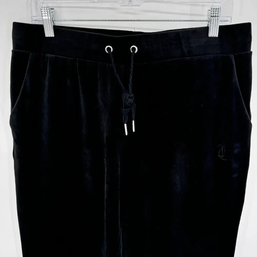JUICY COUTURE Black Classic Y2K Velour Pull On Cropped Pants Size L
